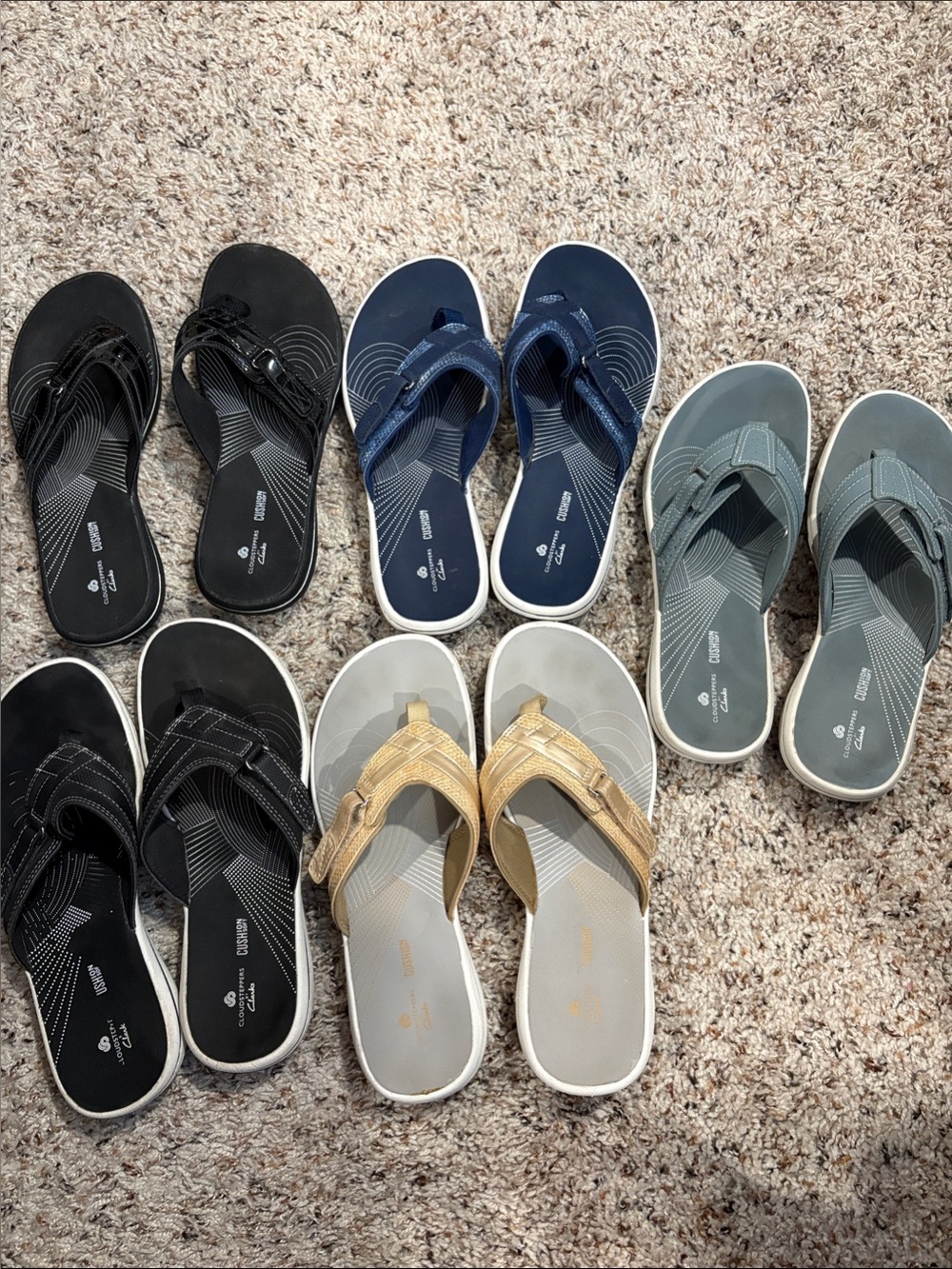 Clarks Women's Sandal Collection -  size 8. Navy, Denim, Champagne, Black